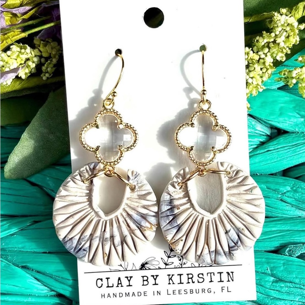 Cream and Gold Dangle Earrings with Organic Design
